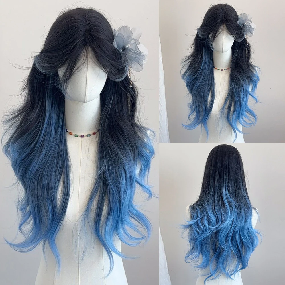 Lolita Cosplay Synthetic Women Wig Black Ombre Blue  Long Wavy Fluffy Heat Resistant Wig for Daily Party