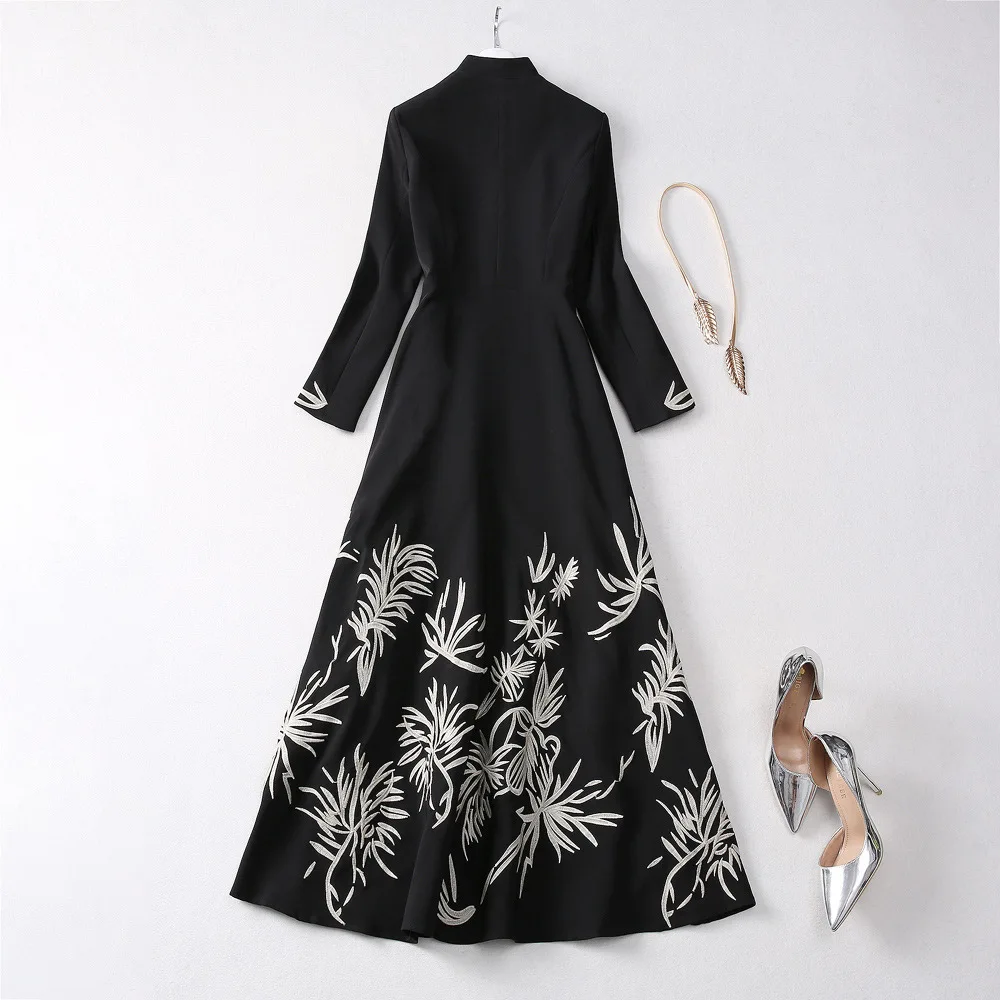 ZJYT Fashion Runway Designer Embroidery Long Sleeve Maxi Dress for Women 2024 Autumn Elegant Black Vintage Party Dress Vestidos