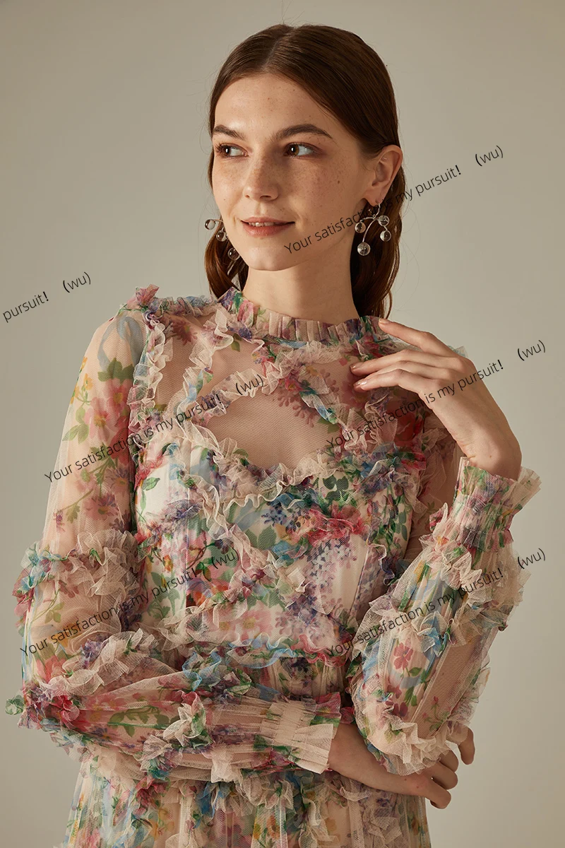 Sexy und elegantes Partykleid mit Blumenmuster aus Spitze, langes Faltenkleid für Damen, Hochzeitskleid