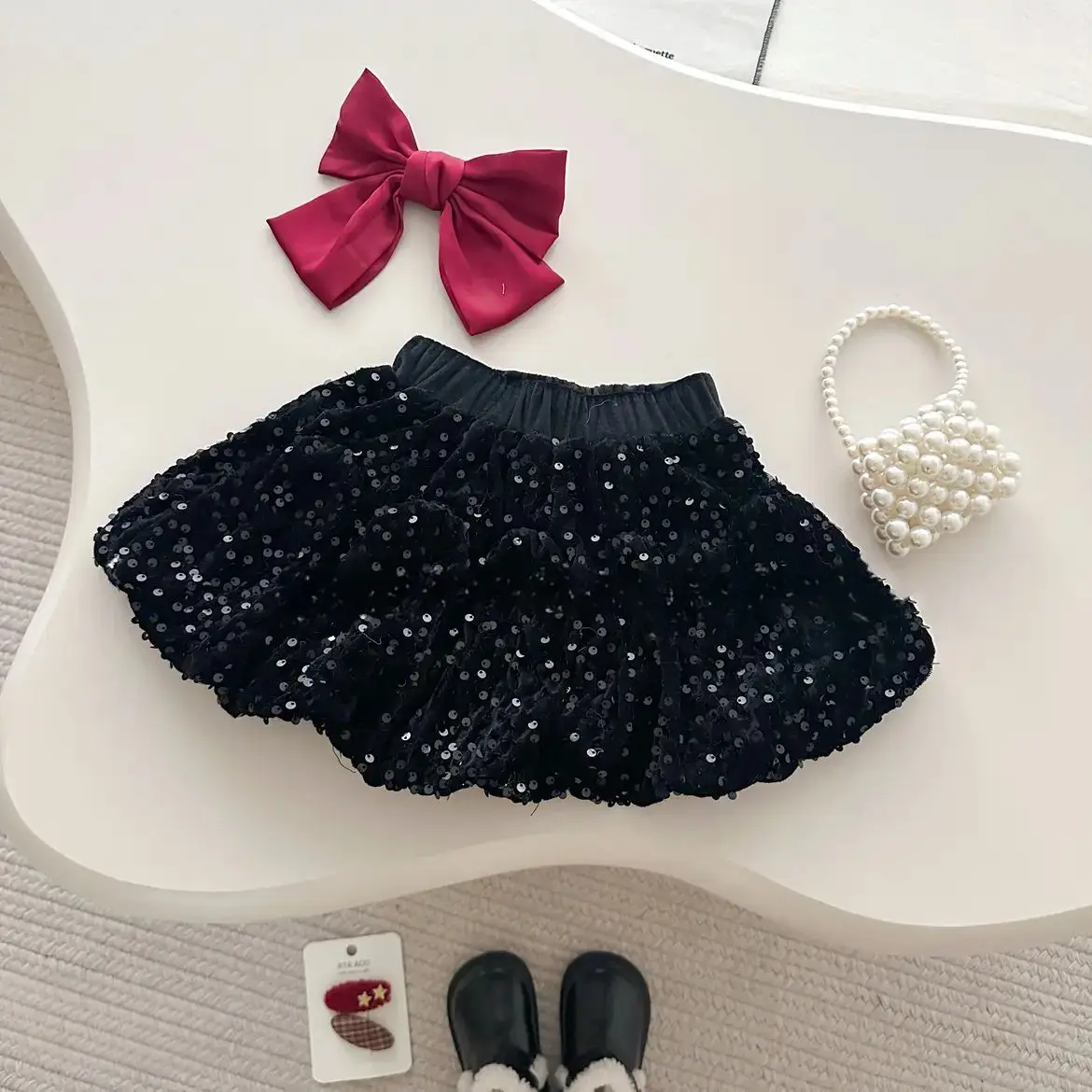 أطفال بنات لطيف سترة + تنورة لامعة مجموعة أزياء حساسة الأميرة الكورية طويلة الأكمام الانحناء الحياكة سترة معطف عالية الخصر A-l