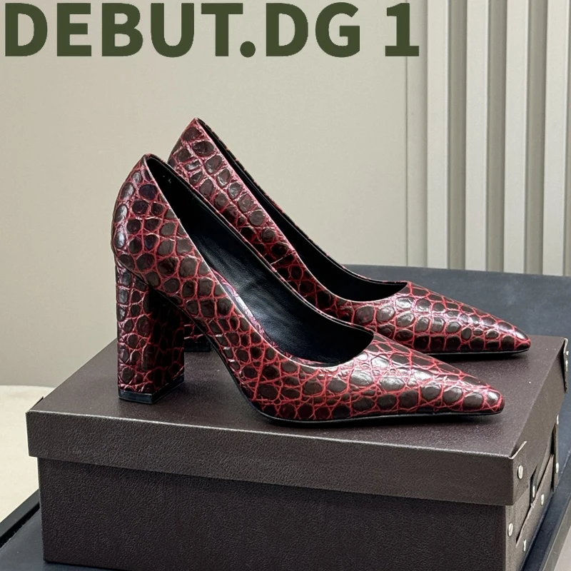 Early Fall 2025 Chunky Heel Pointed Toe Pumps Stone Embossed Calfskin Leather Sheepskin Lining Genuine Leather Sole