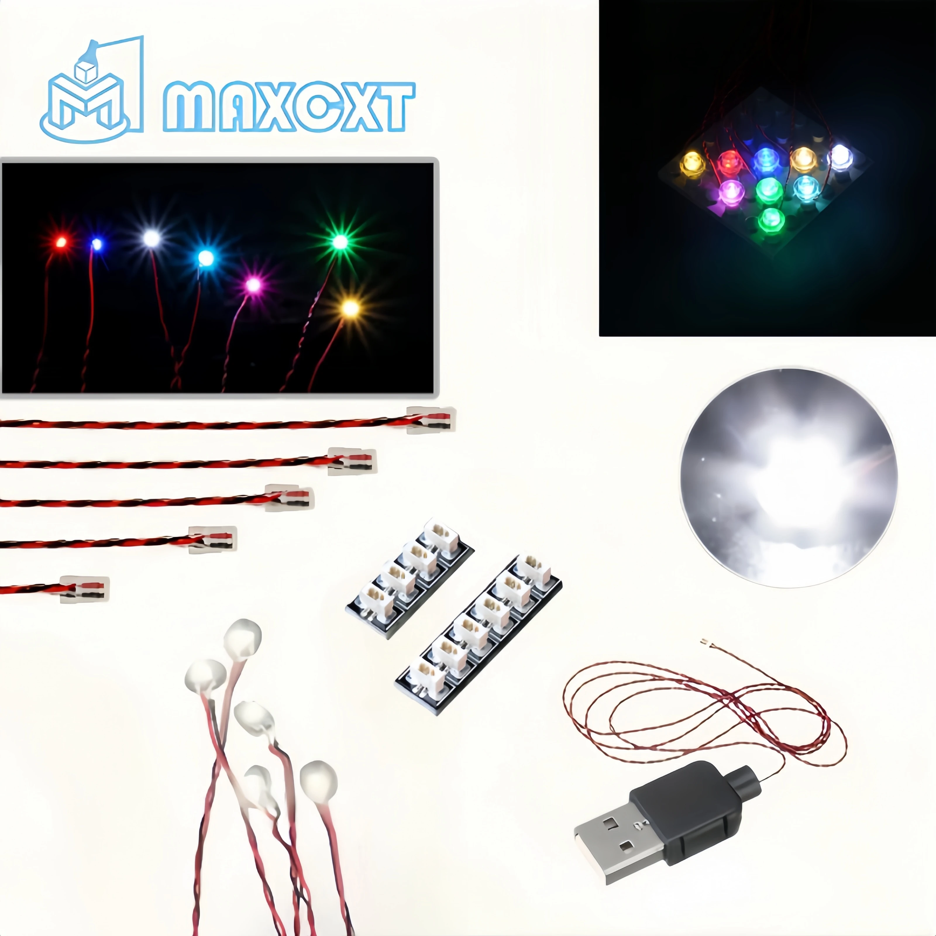10pcs 5.91in  LED Lights Multi-Color Light Up Accessories with 0.98in Black Cables & 3.5mm Power Adapter for Toy Building Blocks