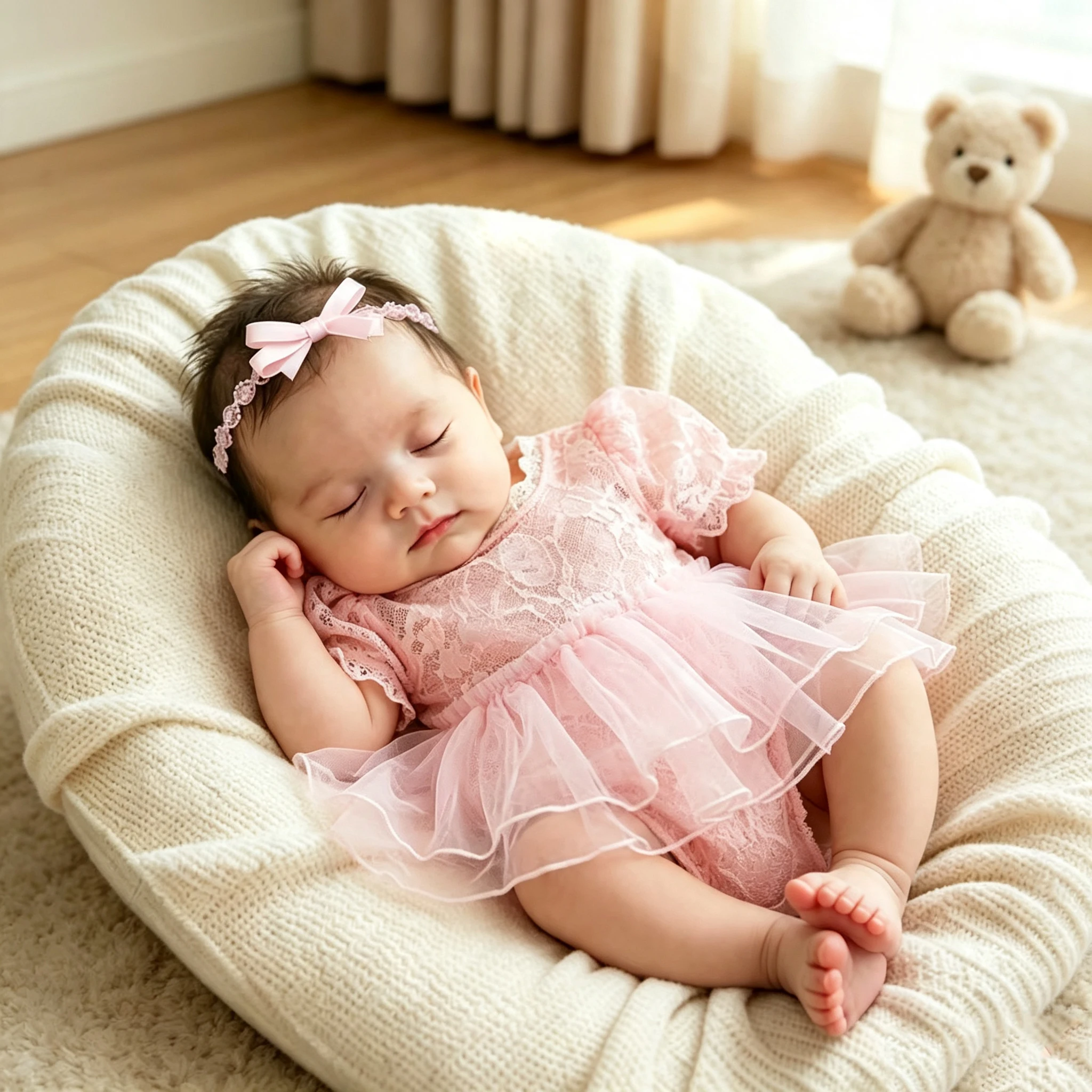 Newborn Baby Girl Photography Outfit Pink Lace Tutu Romper with Bow Headband Puff Sleeve Skirt Bodysuit Infant Photo Shower Gift