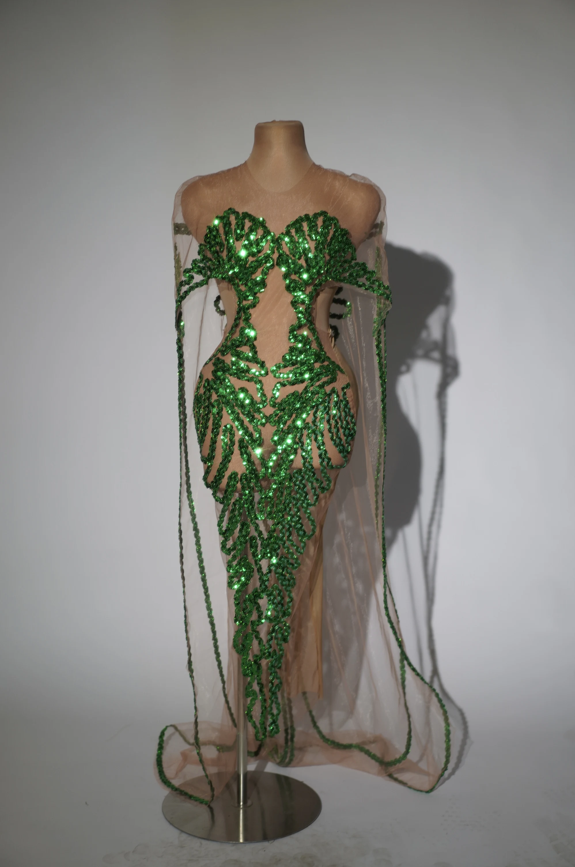 

Shiny Green Sequins Cape Sexy Sheer Mesh for Celebrating Night Graduation Birthday Long Dress Photoshoot Singer Show Stage Dre