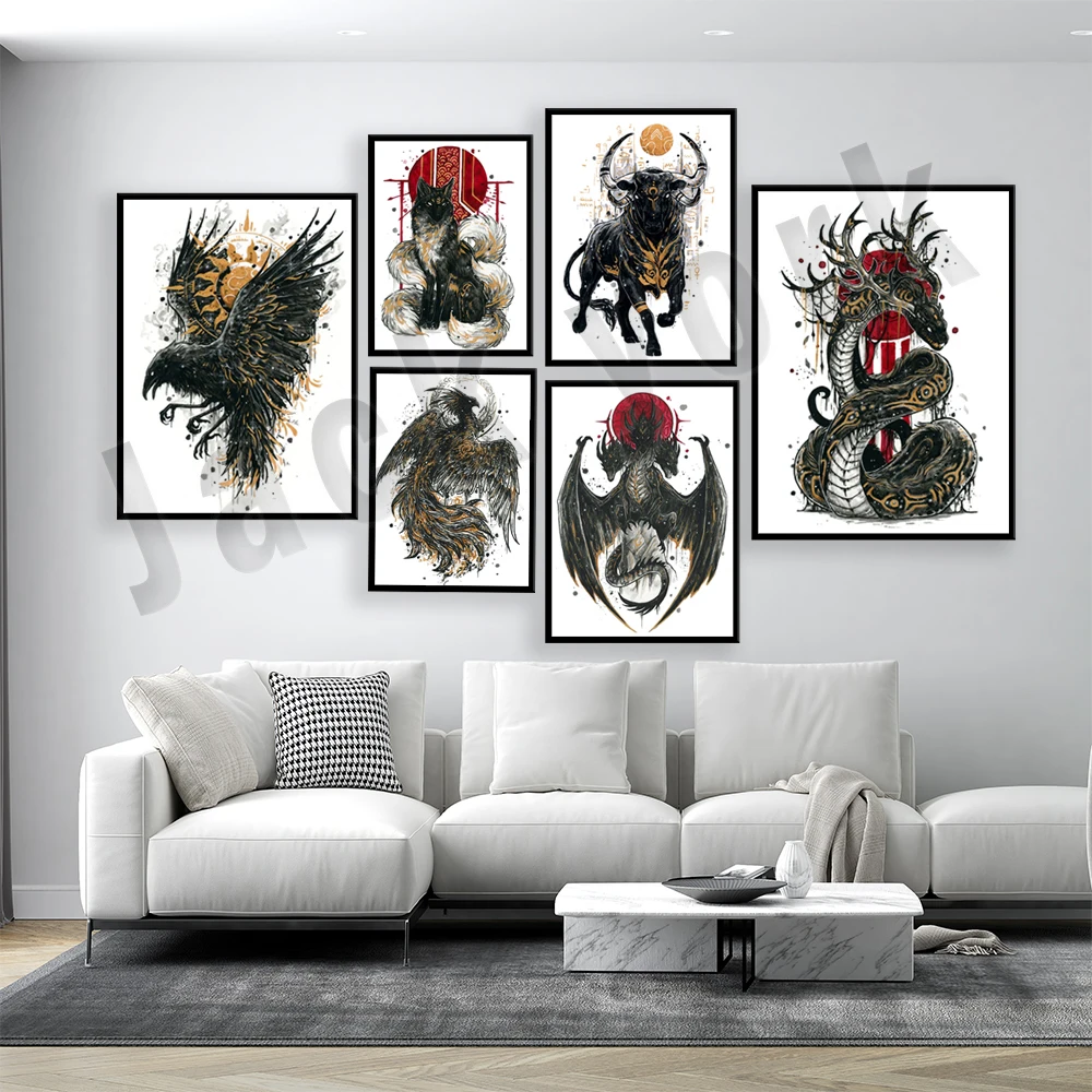 mythical creature dragon wolf horse three-legged crow horned snake three-clawed dragon swan modern art animal canvas poster