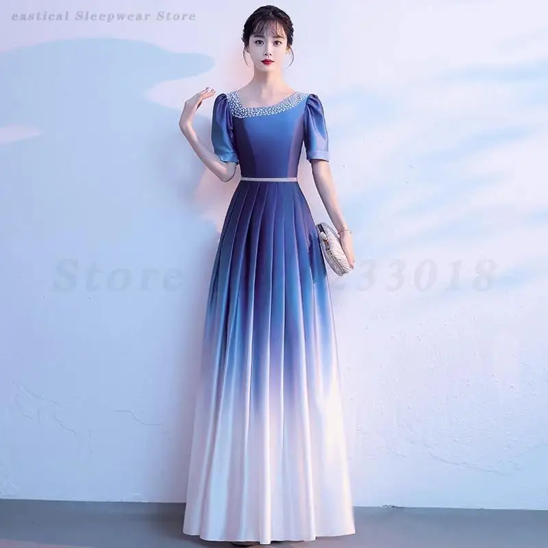 Blue Song Grand Choir Performance Dress Adult Female Qipao Poetry Recitation Host Command Temperament Beautiful Evening Skirt