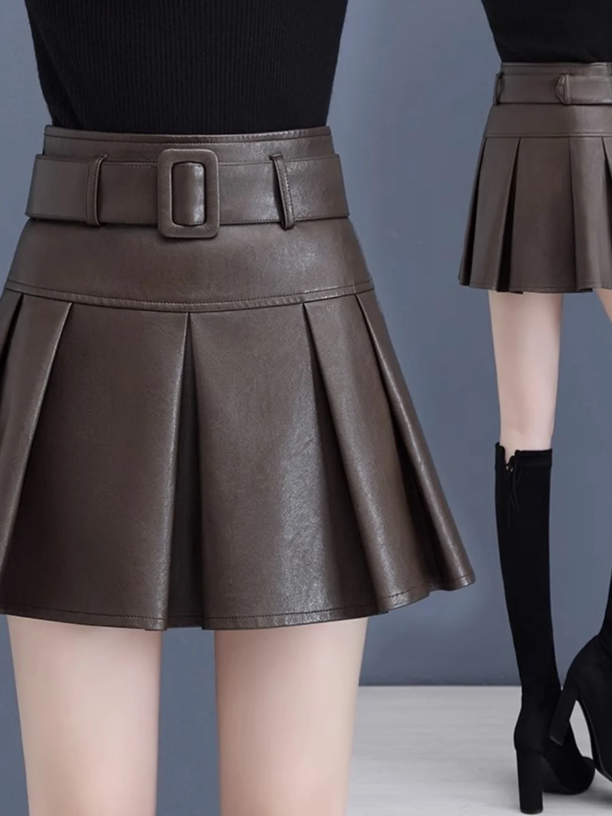 

High Waist PU Leather Skirt Women's Spring Autumn A-Line Pleated Slimming Fluffy Umbrella Skirt Sli Commute Sle
