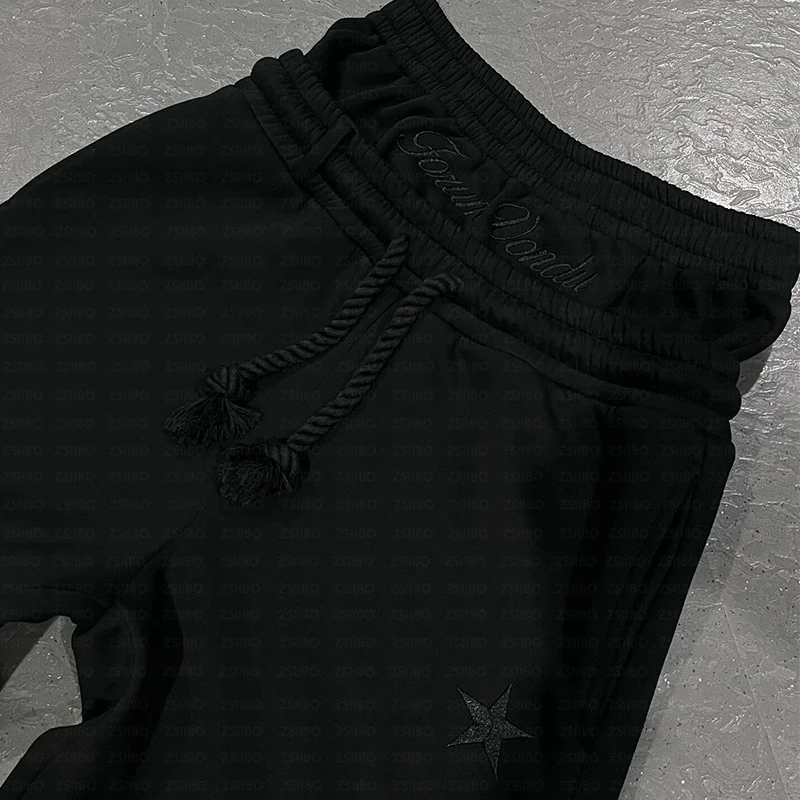 

Double Waisted Sweatpants Harajuku Loose Y2K American Solid Color Star Letter Embroidery Casual Pants Hip Hop Drawstring Jogger