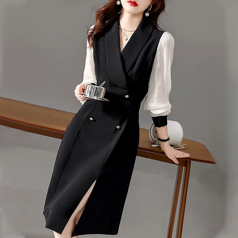 Women Spring Autumn Suits Dress Korean Office Lady Graceful Patchwork Split Black Long Sleeve Dresses 2023 New Workwear Female