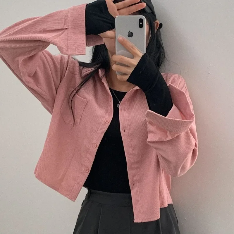 QWEEK Vintage Short Corduroy Shirts Casual Oversized Outerwears Woman Long Sleeve Blouses Korean Style Autumn Clothing 2024