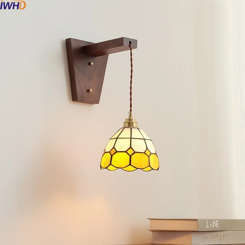 

IWHD Glass Walnut LED Wall Lamps For Bedroom Living Room Hallway Modern Bathroom Mirror Light Fixtures Applique Da Parete