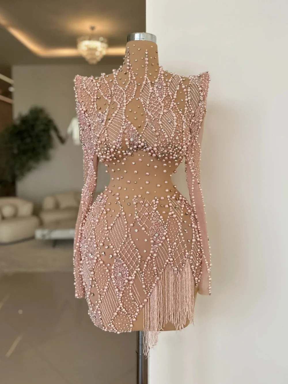 Pink Sparkling Evening Prom Dress With Sequined Crystal Customized Above-Knee Length Plus Size Formal Occasion Vestidos De Novia