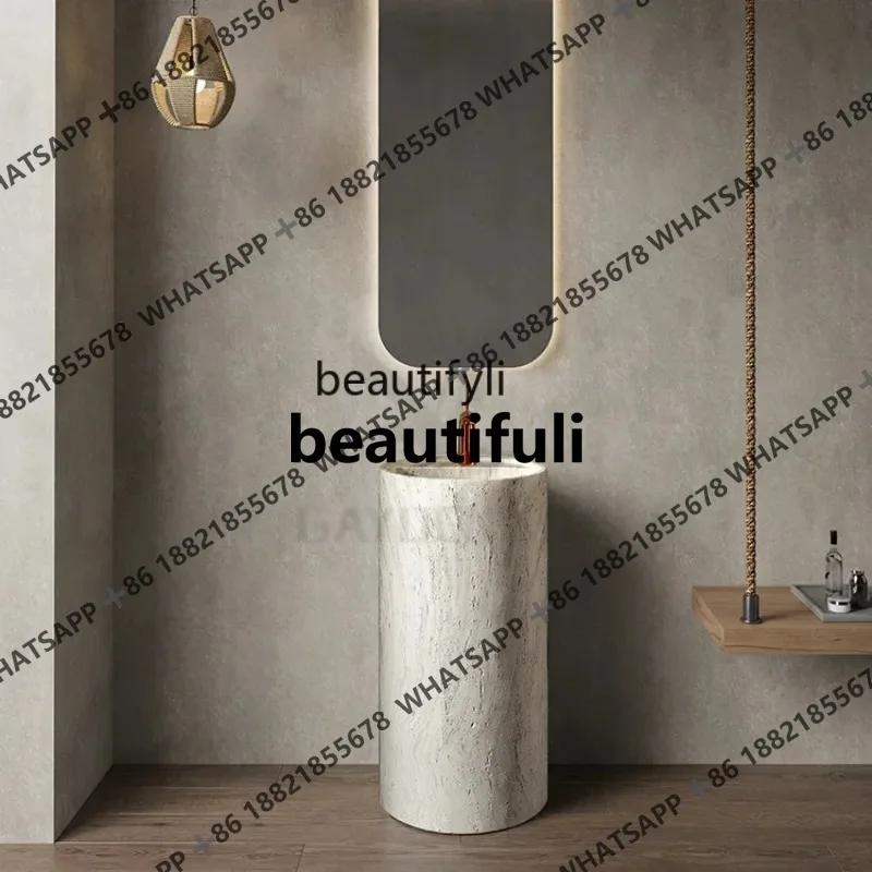 Medieval beige travertine round integrated forming floor washing hand washing face column basin villa hotel bathroom