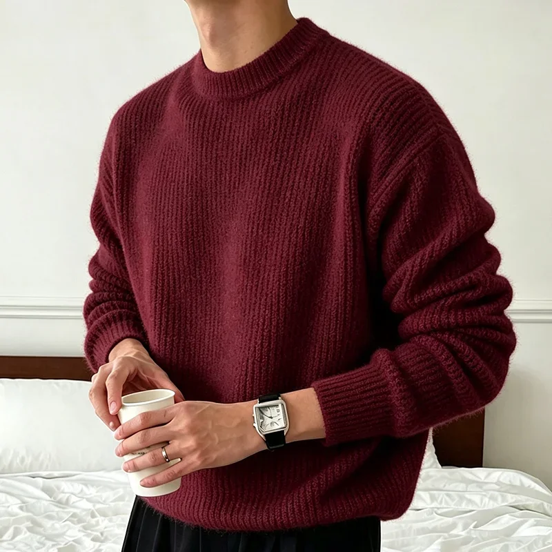 Herren Einfarbiger Strickpullover Frühling Herbst Lässige Mode Gerippte Textur Langarm Lockerer Rundhals-Strickpullover – Detail 15