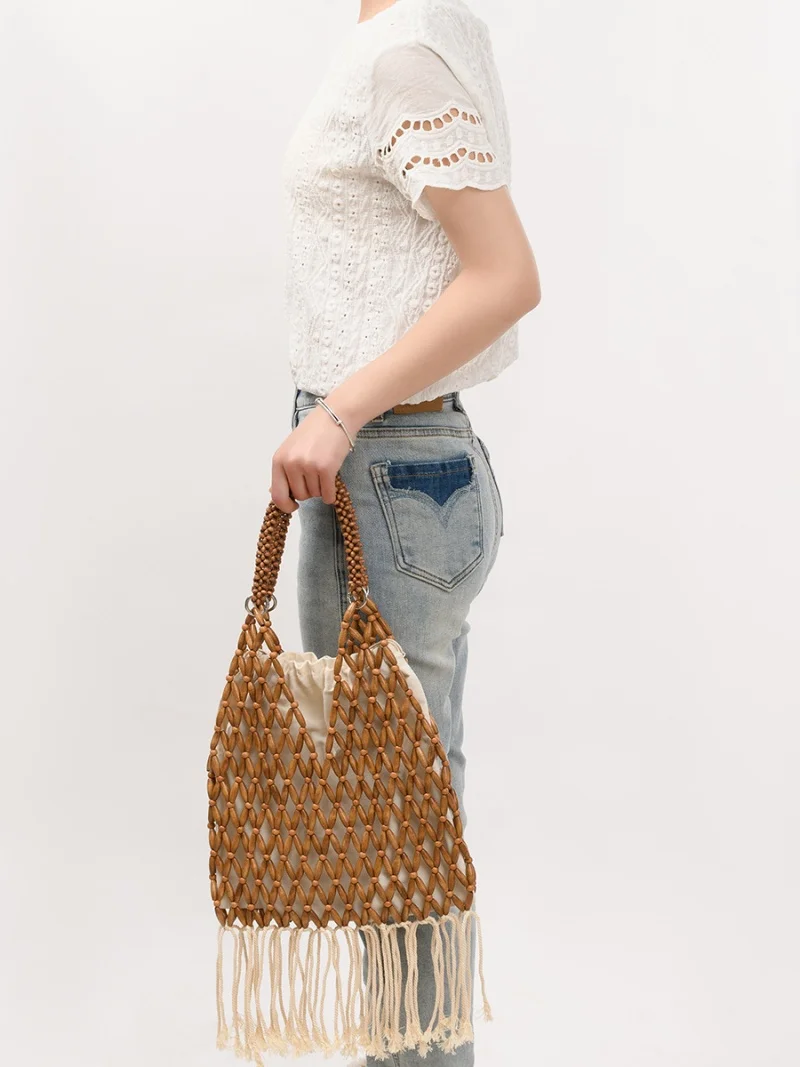 Women Woven Hand Bag Summer Design Hollow-out Wooden Bead Tote Bucket Shoulder Bag Female Reticulate Netted Canvas Beach Handbag