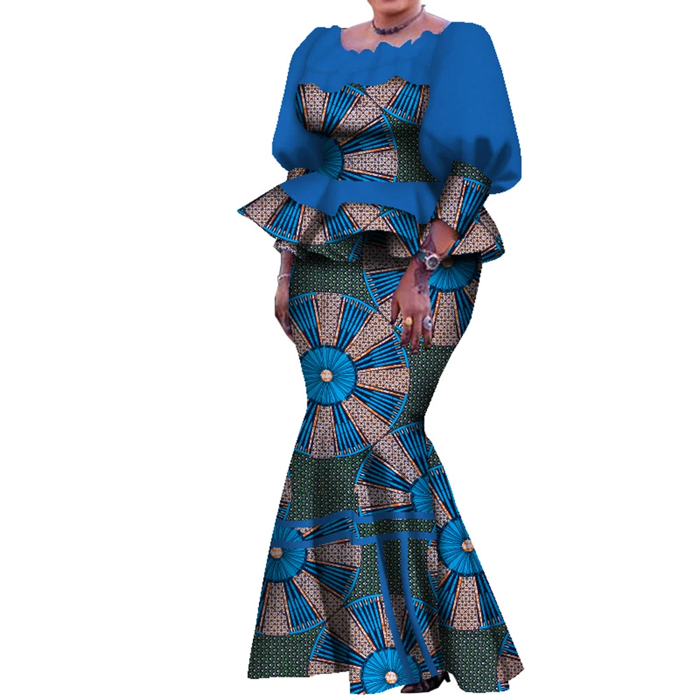 Traje de falda tradicional africana para mujer, Top plisado y falda hasta el tobillo, conjunto de falda femenina de talla grande para otoño WY7907