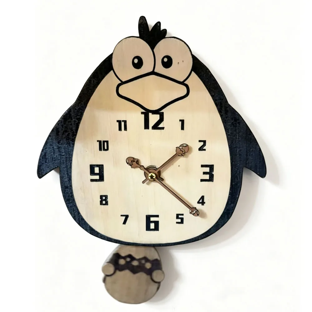 Cartoon Penguin Wooden Pendulum Wall Clock, Silent Sweep Movement, Non-ticking, Decor for Living Room, Kids Bedroom & Nursery