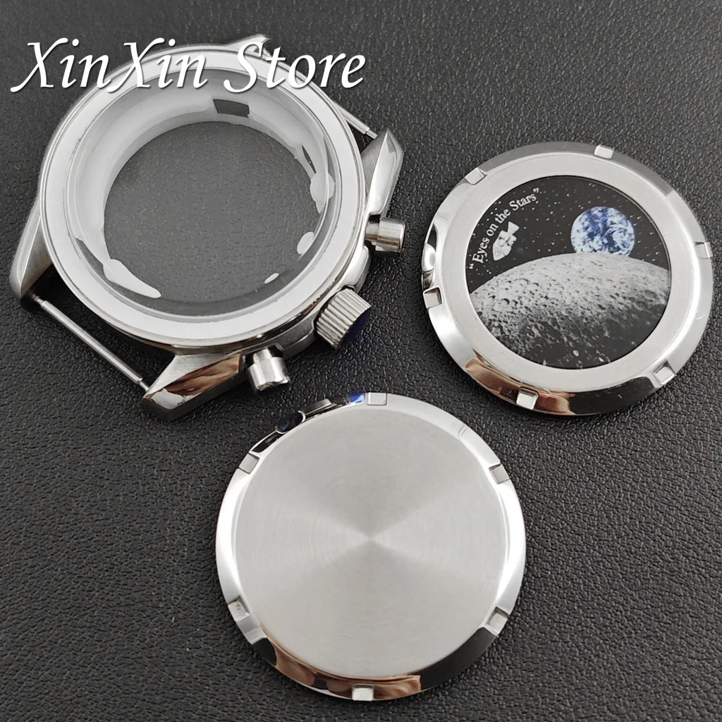 Stainless Steel Moon Earth Pattern Watch Case Back, Detachable Screw‑in Watch Bottom Cover For Modified Watch Fit VK63 Movement
