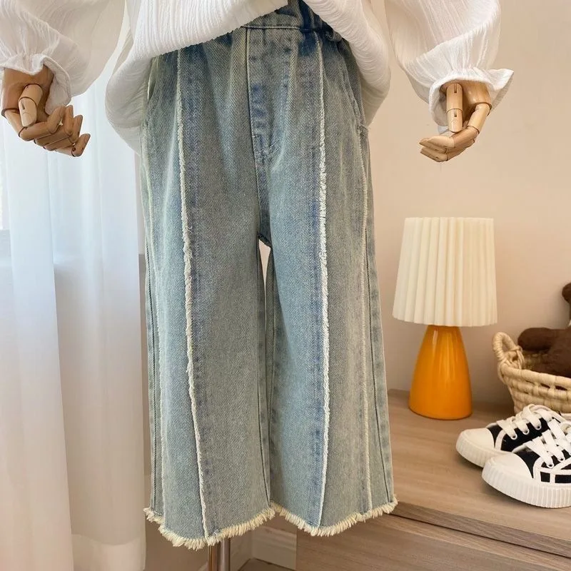 Girls Jeans Rough-edged Wide-leg Pants Foreign Loose Straight Pants