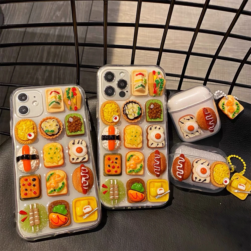 Cute 3D Food Doll Sandwich Sushi Clear Case For iPhone 16 15 14 13 12 11 Pro Max Plus X XS Funny Hot Dog Soft Silicon Back Cover