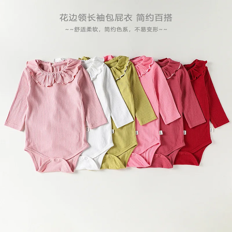 Soft Ribbed Baby Bodysuit Ruffle Collar Long Sleeve Solid Color Infant Romper Jumpsuit Boys Girls Casual Daily Homewear Outfit