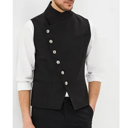 Latest Design Vest Male Chic Single Breasted Stand Collar Sleeveless Top Smart Casual Wedding Waistcoat Solid Color Slim Fit