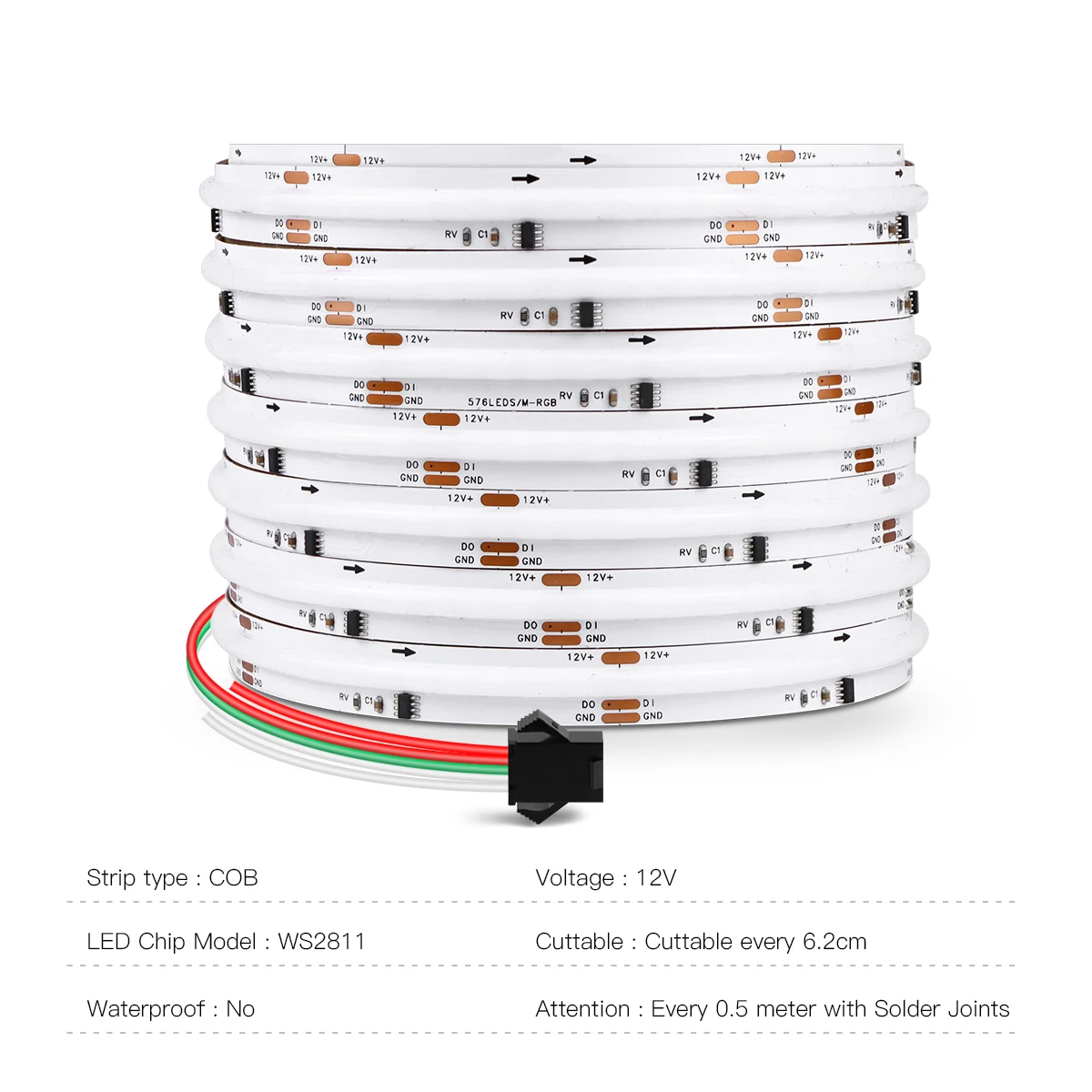 WS2811 COB RGBIC RGB LED Strip Light 10mm 576 leds/m Addressable SPI Dream Color Flexible Colorful Ribbon Tape RA90 DC5V 12V 24V