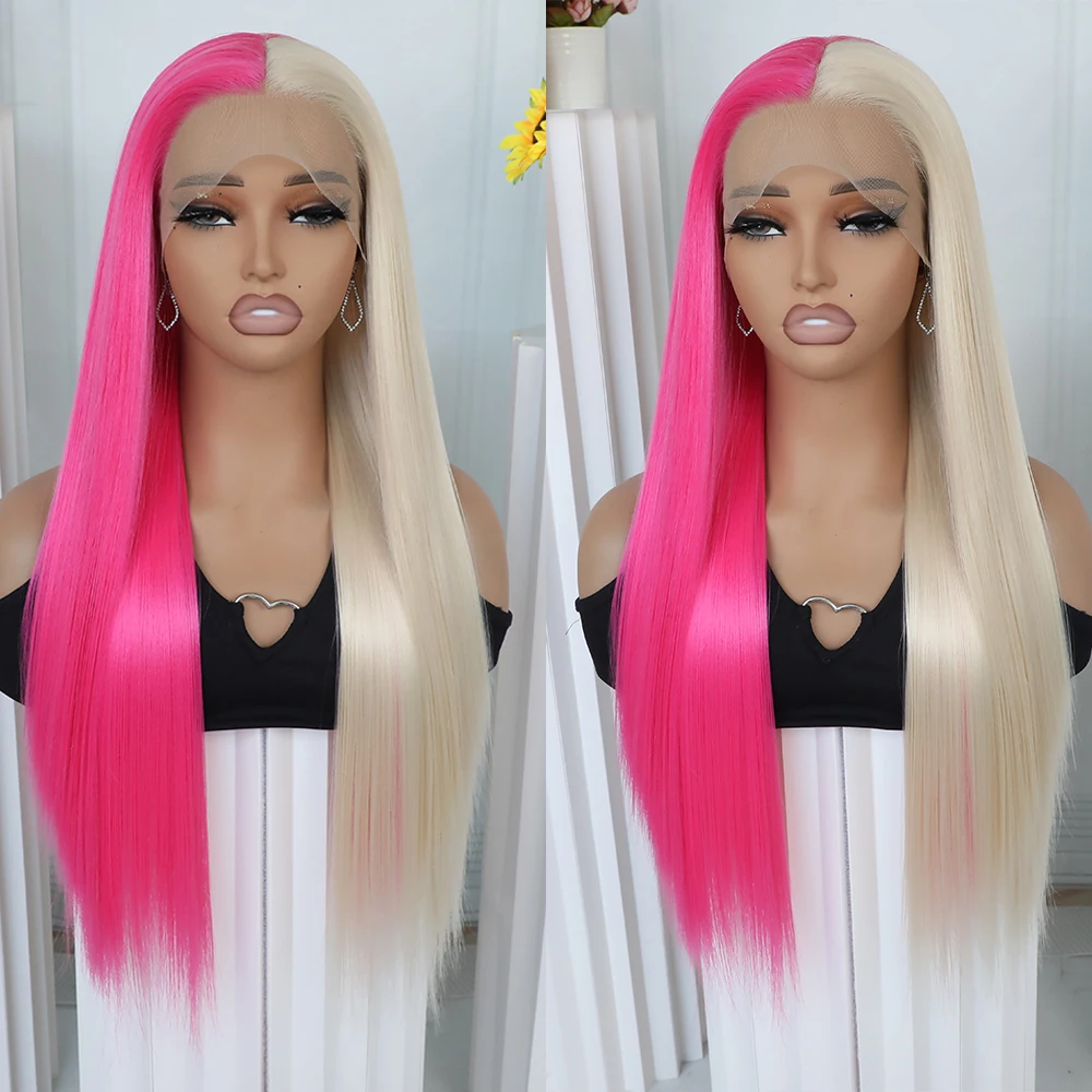 

Half Pink and Half Blonde Synthetic Lace Front Wigs Long Straight Wigs for Women Heat Resistant Hair Light pink and ash Blonde