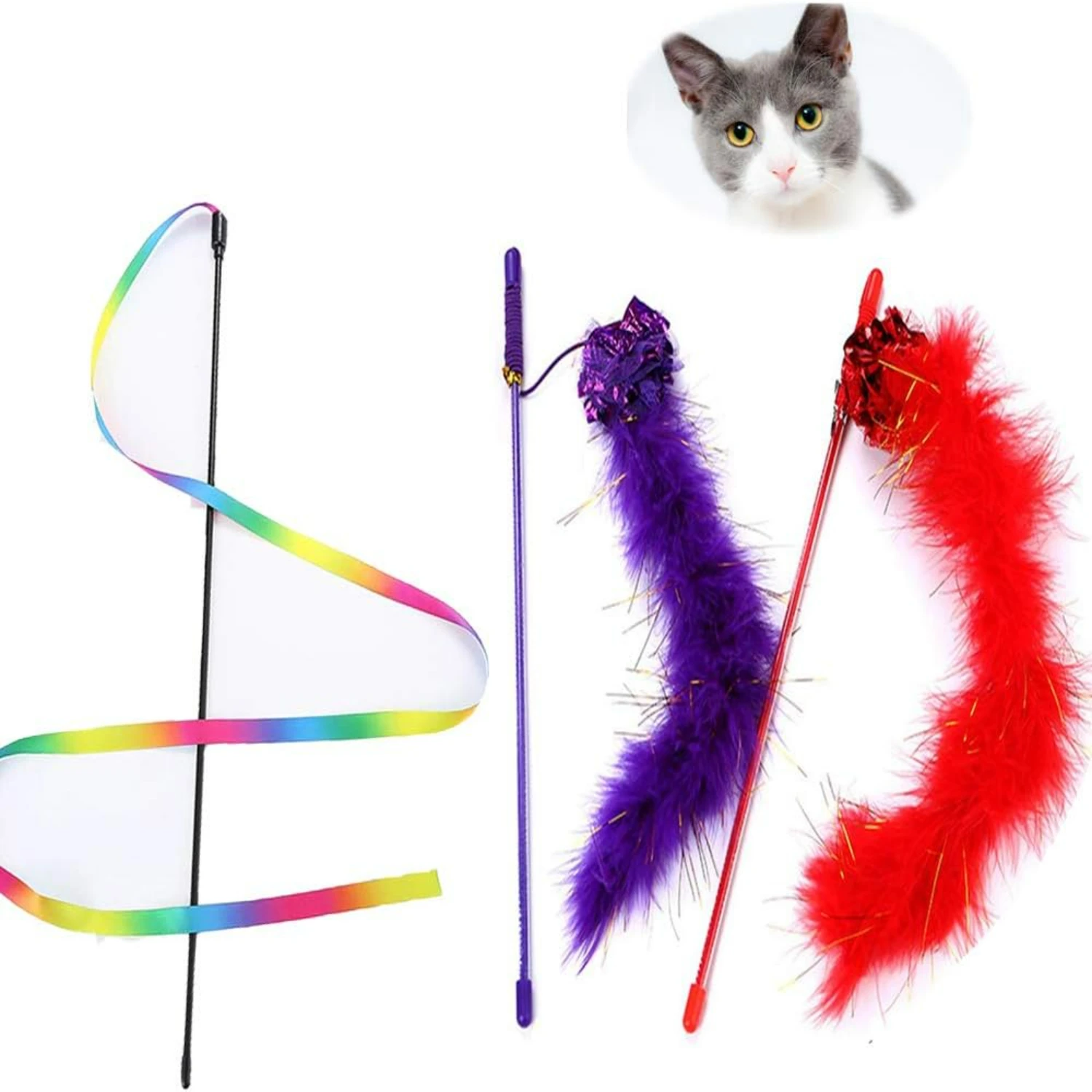 Interactive and Fun Feather Wand with Sound Paper and Rainbow Toy Set - 2Pcs Cat Teaser Wands and 1Pcs Rainbow Ribbon Wand for E