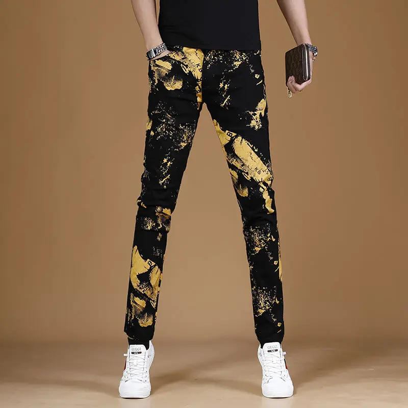 Men’s Light Luxury Street Fashion Printed Jeans,Slim-fit Korea Version Stretch Black Denim Pants,Trendy Casual Jeans Pants;