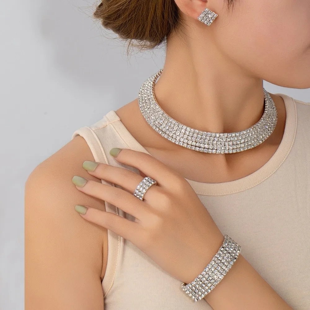 

Luxury 3-5 Row Bridal Jewelry Set Romantic Necklace Crystal Jewelry Silver Earrings Rhinestone Jewelry Set Bridal Wedding