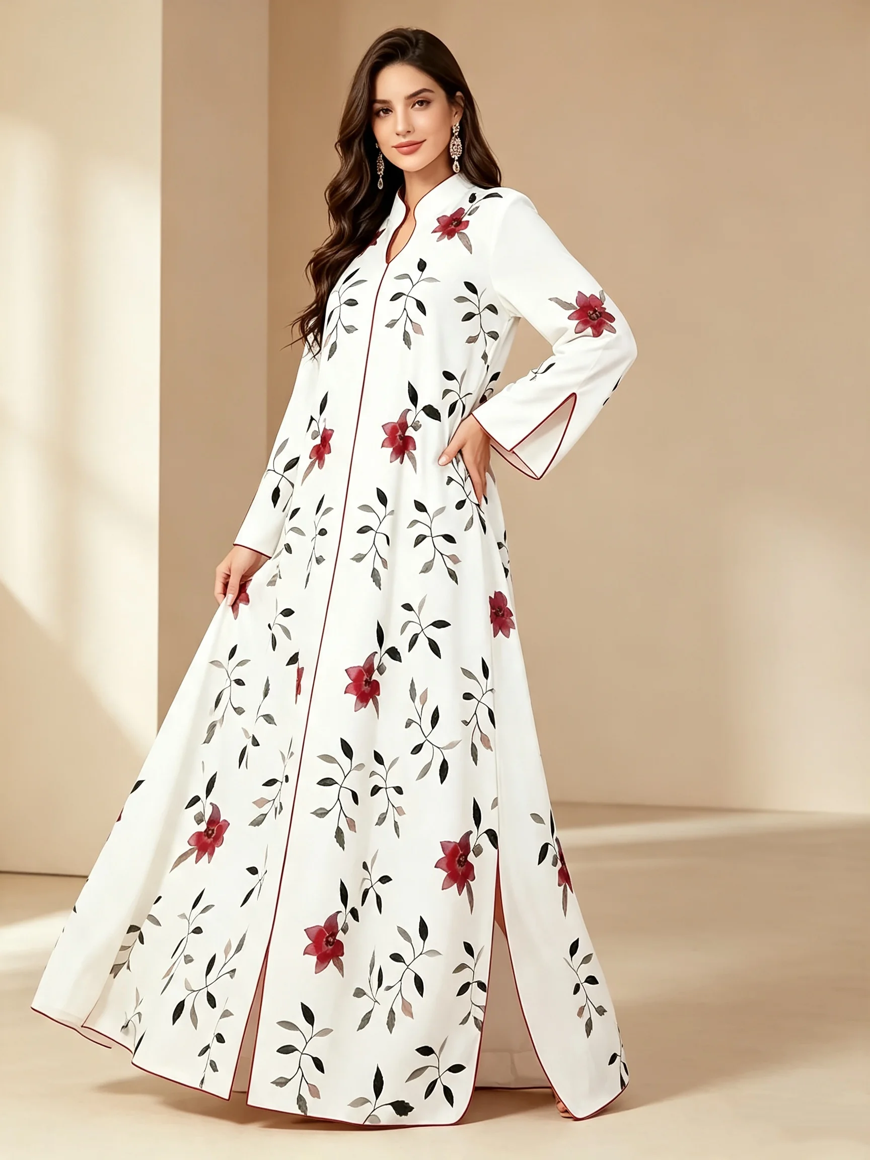Elegant V-Neck Muslim Print Skirt for Ladies Long-Sleeved Loose A-Line with Slit Hem Ideal for Ramadan And Eid Occasions