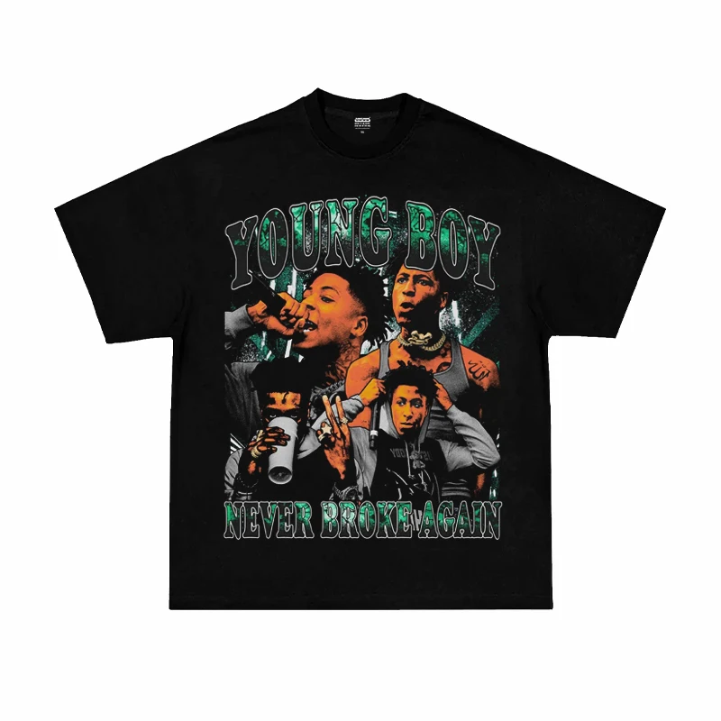 

2025 Youngboy Never Broke Again American Retro Hip Hop Rap Figure Print Short Sleeve T-shirt High Quality Luxury Brand Ins Y2k