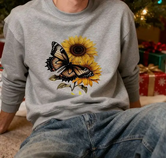 Set da 6 pezzi di adesivi in vinile a trasferimento termico con girasole fresco e farfalla, facili da stirare con colori luminosi e duraturi