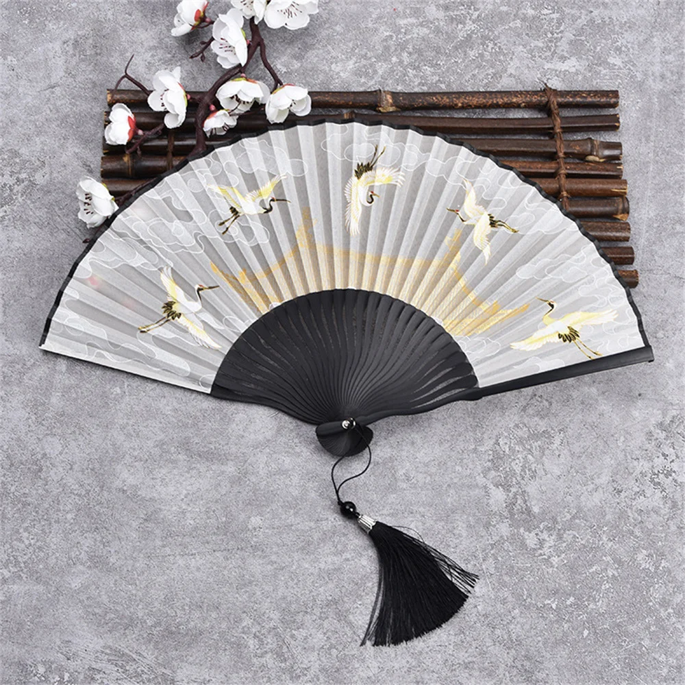 Vintage Style Silk Chinese Folding Fan Crane Pattern Art Craft Gift Classical Party Dance Hand Fan Home Decoration Ornaments