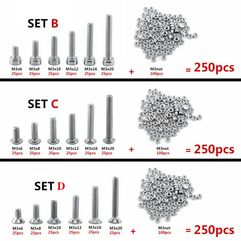 Tornillos Allen de acero inoxidable, tuercas hexagonales, surtido práctico, M3, A2, 250 unidades