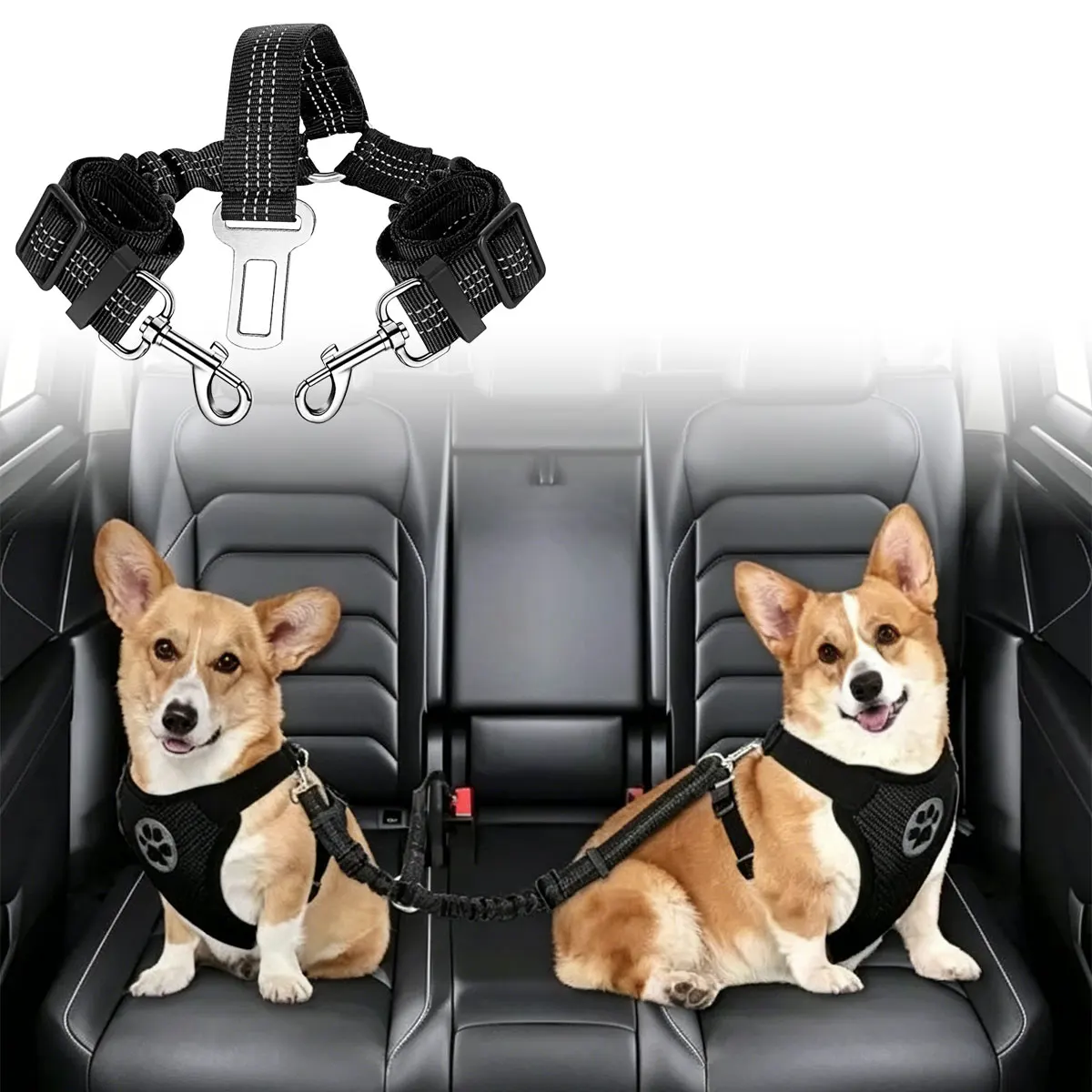 1Pc Adjustable Dog Car Seat Belt Dual Pet Safety Leash Elastic Shock Buffer Anti-tangle Vehicle Travel Harness Restraint