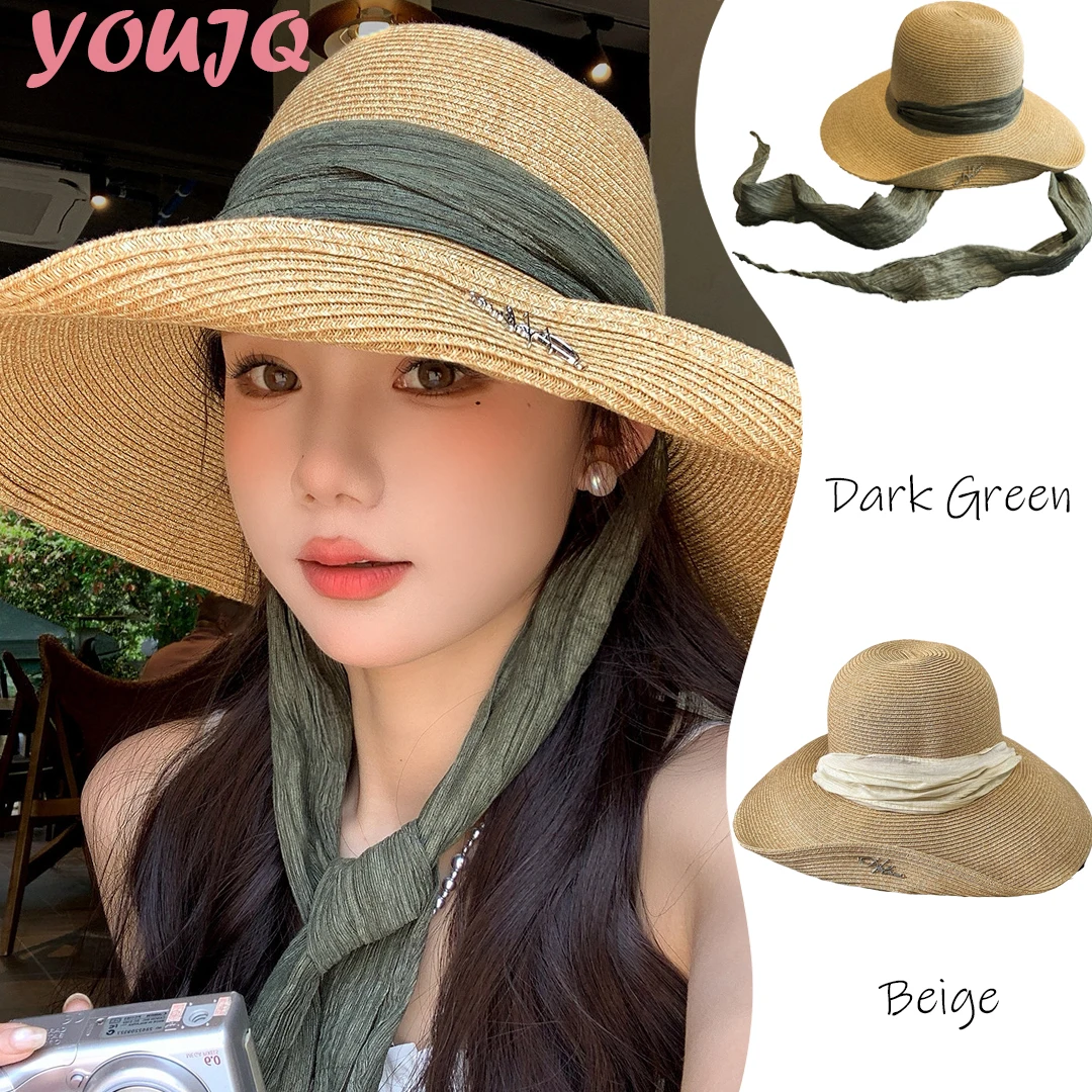 French Elegant Long Blue Green Ribbon Straw Hats For Women Foldable Wide Brim Panama Beach Female Holiday Photo Props Sun Caps