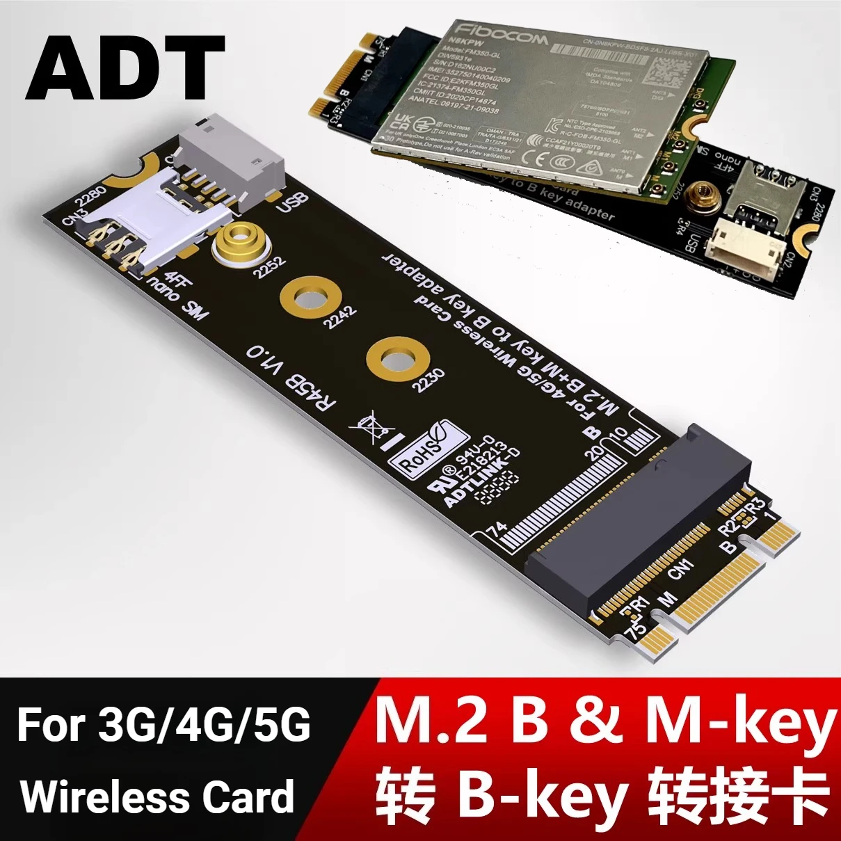 ADT R45B M.2 B+M-key 2280 to B Key Adapter Card for 3G/4G/5G Wireless Modem Card for NanoSIM M.2 B-Key 3042 3052 LTE Module Card