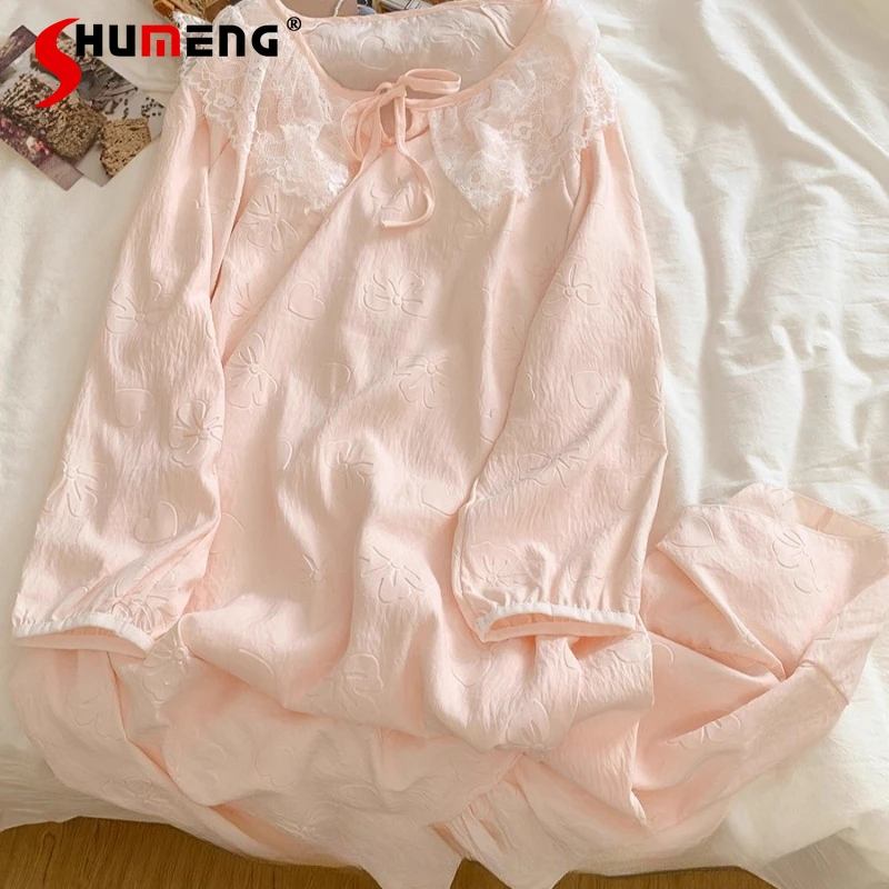 

Sweet Style Pink Lace Padded Nightdress for Women Spring Autumn Doll Collar Sleepshirts Lady Loose Cotton Home Nightgowns