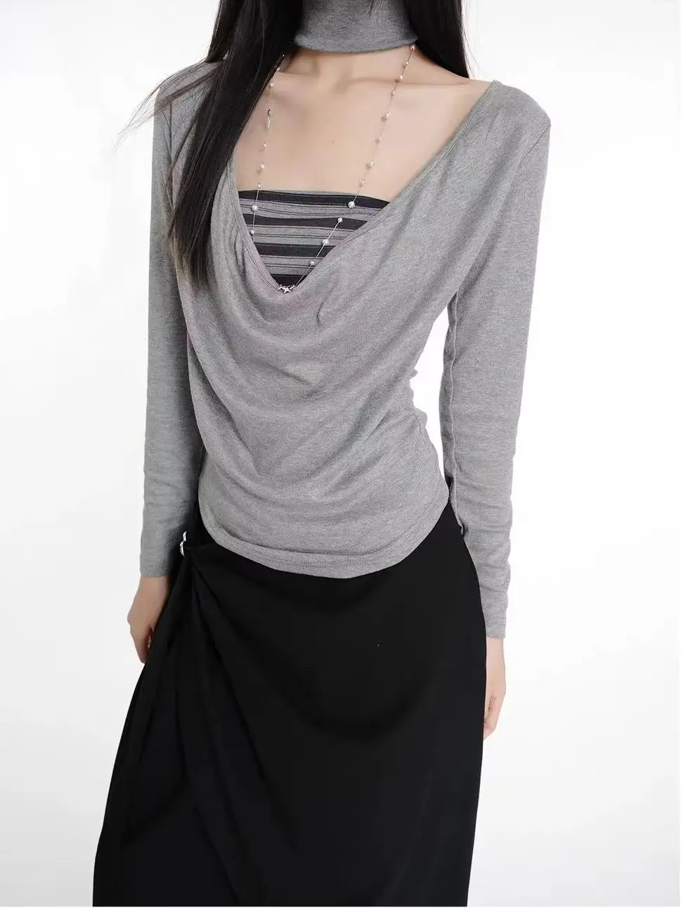 Y2K American Vintage Women Tops Fake Two‑Piece Long Sleeve T‑Shirt Korean Style Harajuku Office Lady Slim Daily Wear Tees