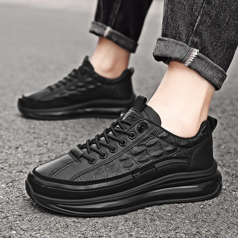 Men's Casual Sports Shoes Leather Crocodile Pattern Thick Sole New Style Leather Footware Breathable Comfortable Men's Shoes