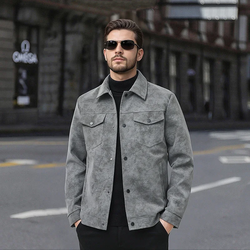 

Spring Autumn Fashion Street wear Menswear Cardigan Jacket Men's Jackets Suede Lapel Single Breasted Long Outerwear & Coats