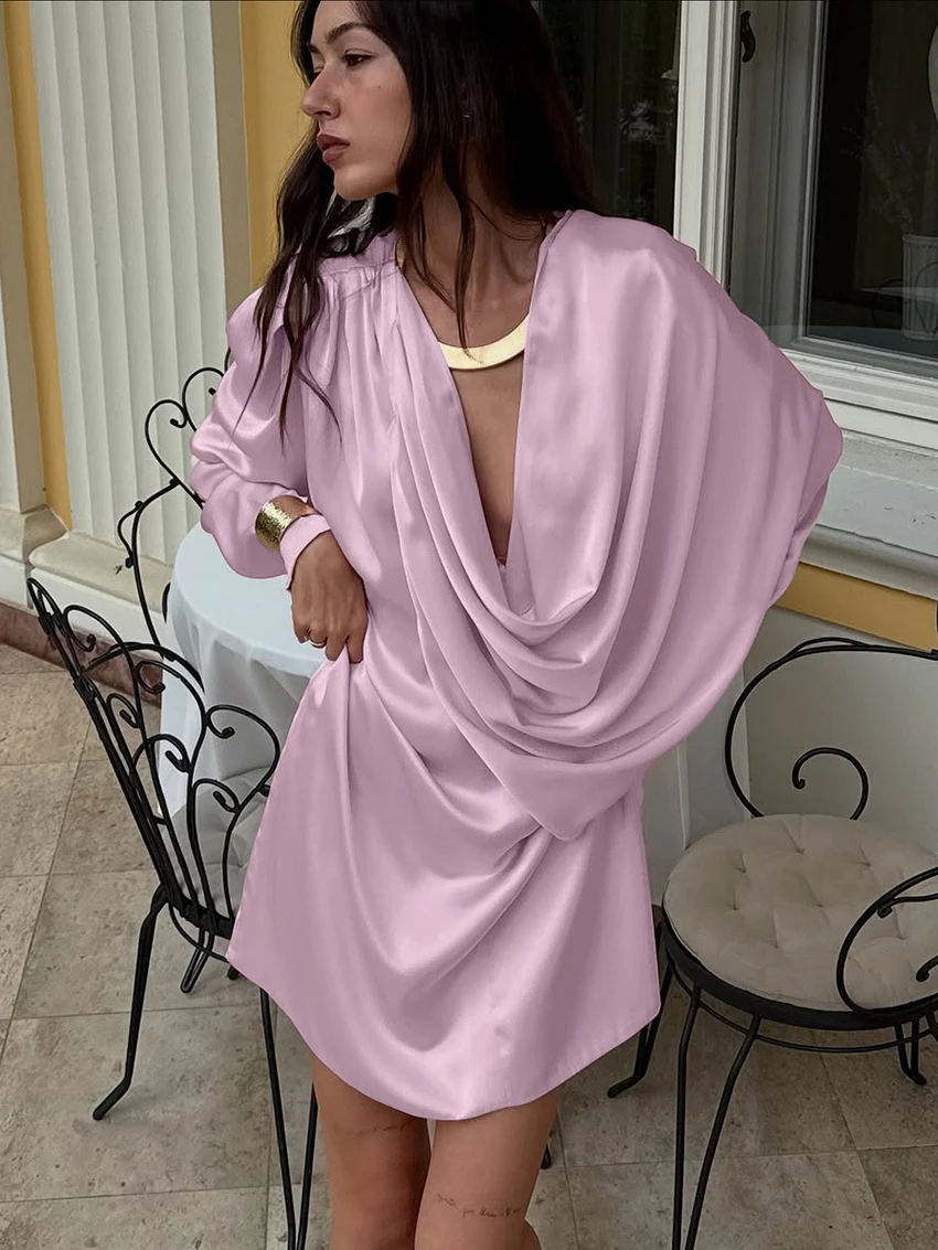 

Marthaqiqi Elegant Women'S Pajamas V-Neck Sleepwear Long Sleeve Nightie Scarf Nightgowns Mini Dress Pink Ladies Nightwear Winter