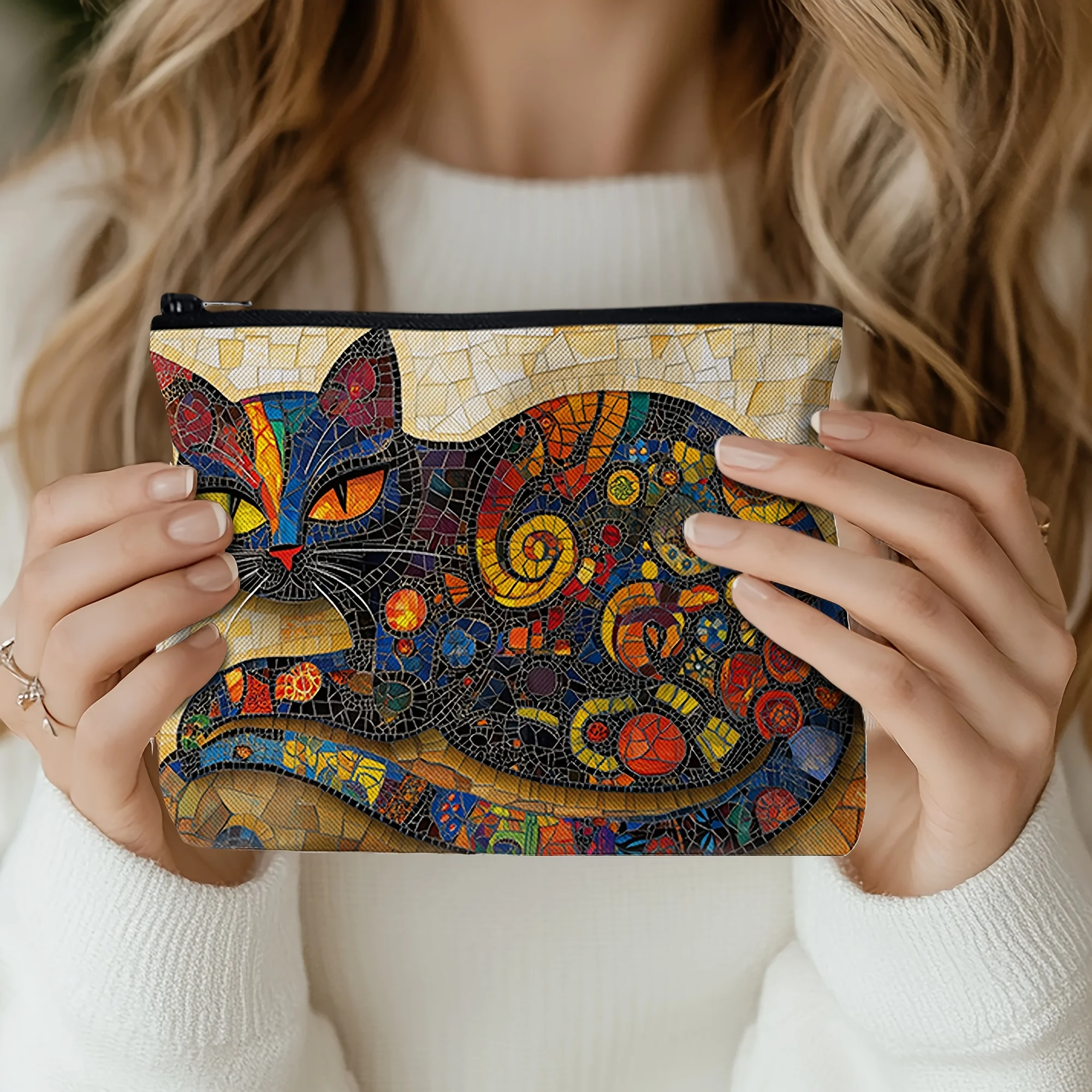 Stylish Colorful Mosaic Cat Makeup Bag | Lightweight, Foldable, Zipper Closure, Perfect Gift for Makeup Lovers