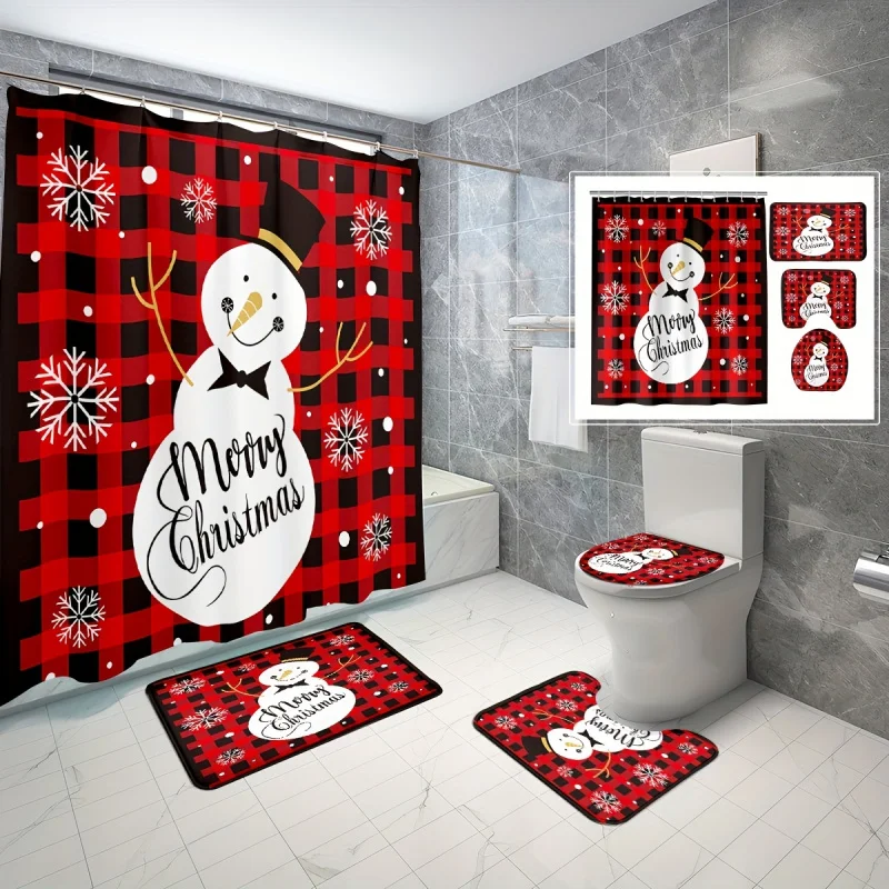 4pcs Christmas Snowman Plaid Shower Curtain Set, Decorative Bathroom Set Including Waterproof Shower Curtain, Non-Slip Carpet, T