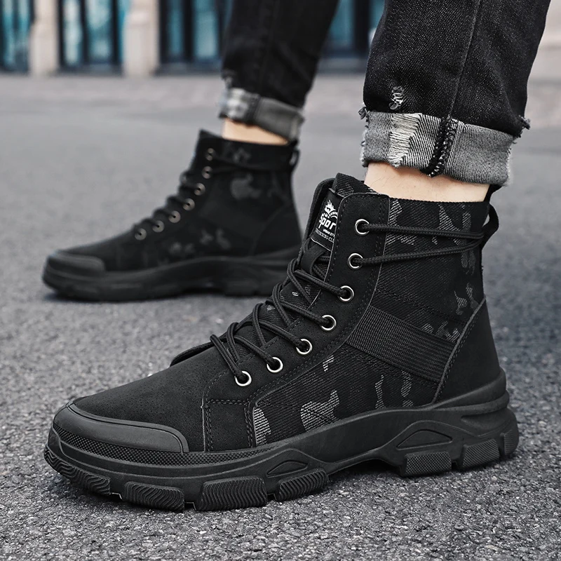 Large-size Spring-autumn Camouflage Work Boots with High Heels, Canvas Shoes, Winter Padded and Warm Outdoor Boots