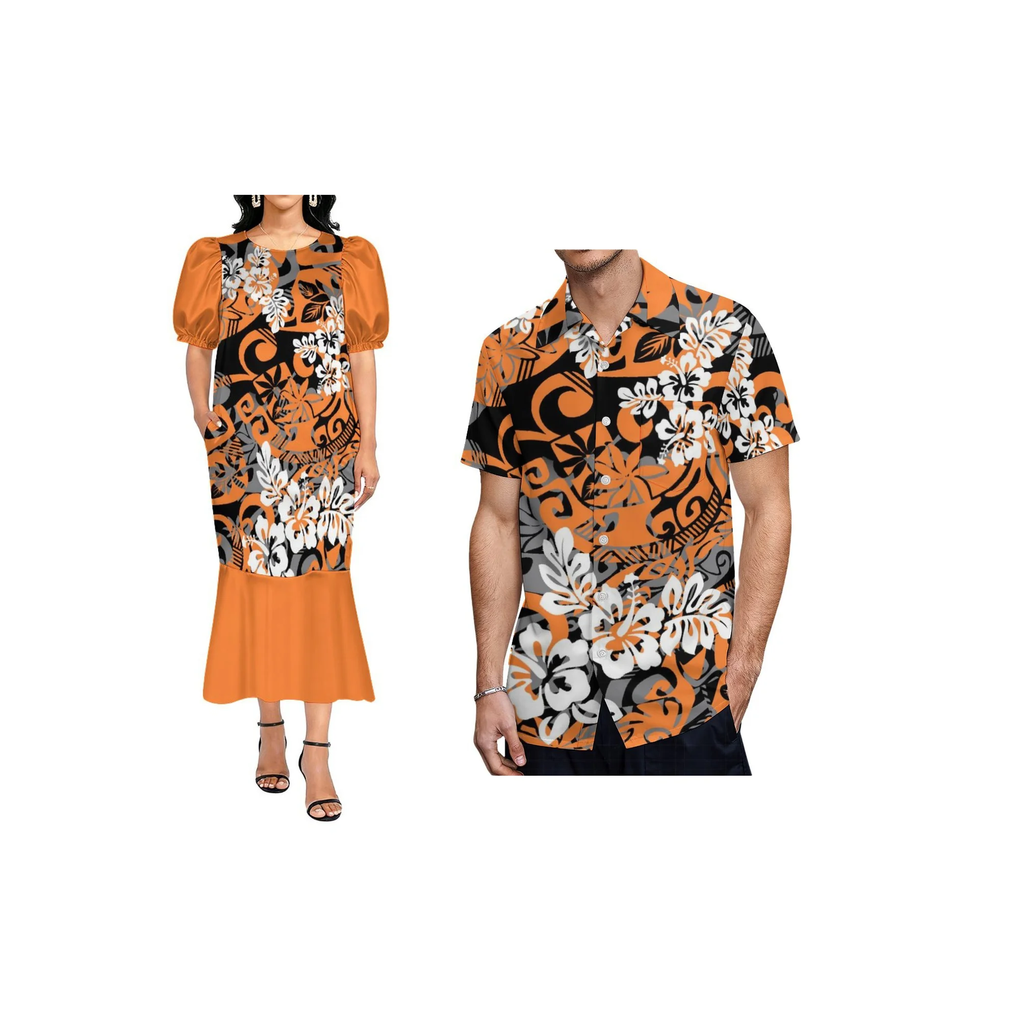 Custom Pacific Isalnd Design Couple Clothing Micronesia Muumuu Dress Women Fishtail Mumu Dress and Hard Collar Men Casual Shirt