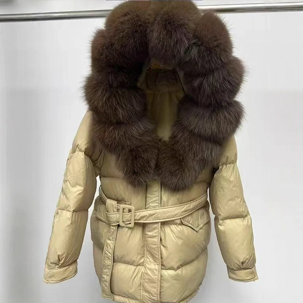 الشتاء الثعلب الفراء طوق أسفل سترة المرأة منتصف طول الأبيض بطة أسفل رشاقته معاطف الشتاء الطبيعي كبير الفراء طوق أسفل سترة #3