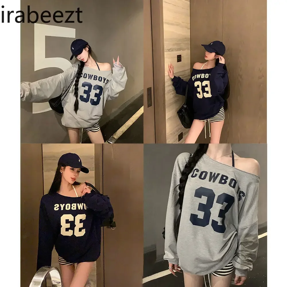 American Vintage Gray Print Alphanumeric Oblique Shoulder T Shirts Loose Casual Off-shoulder Long Sleeve Hoodie Woman